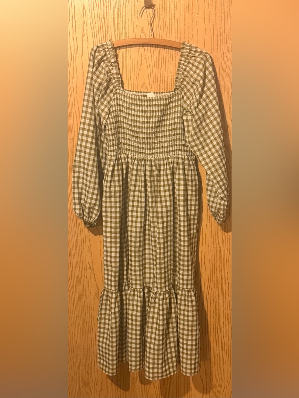 Smocked Gingham Maxi Dress in Olive Green - Picture 4 of 4